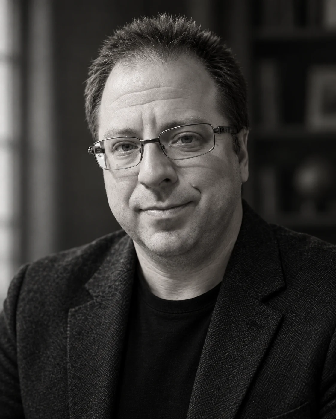 Black-and-white portrait of Malcolm Rusk